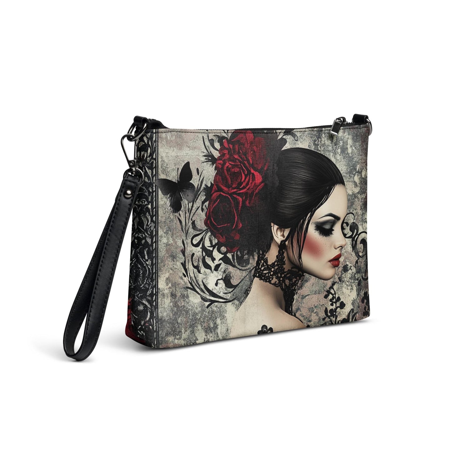 Gothic Valentine’s Crossbody Handbag – Dark & Stylish Heart Design with Silver Cross – Perfect for a Bold Unique Valentine's Gift