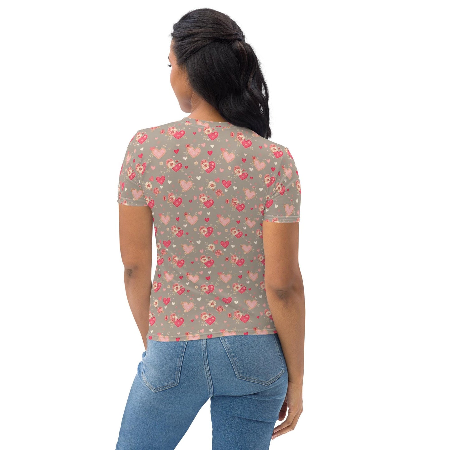 Valentine's Women's AOP T-Shirt | Trendy & Comfortable Heart Print Tee | Perfect for Valentine's Day Gift