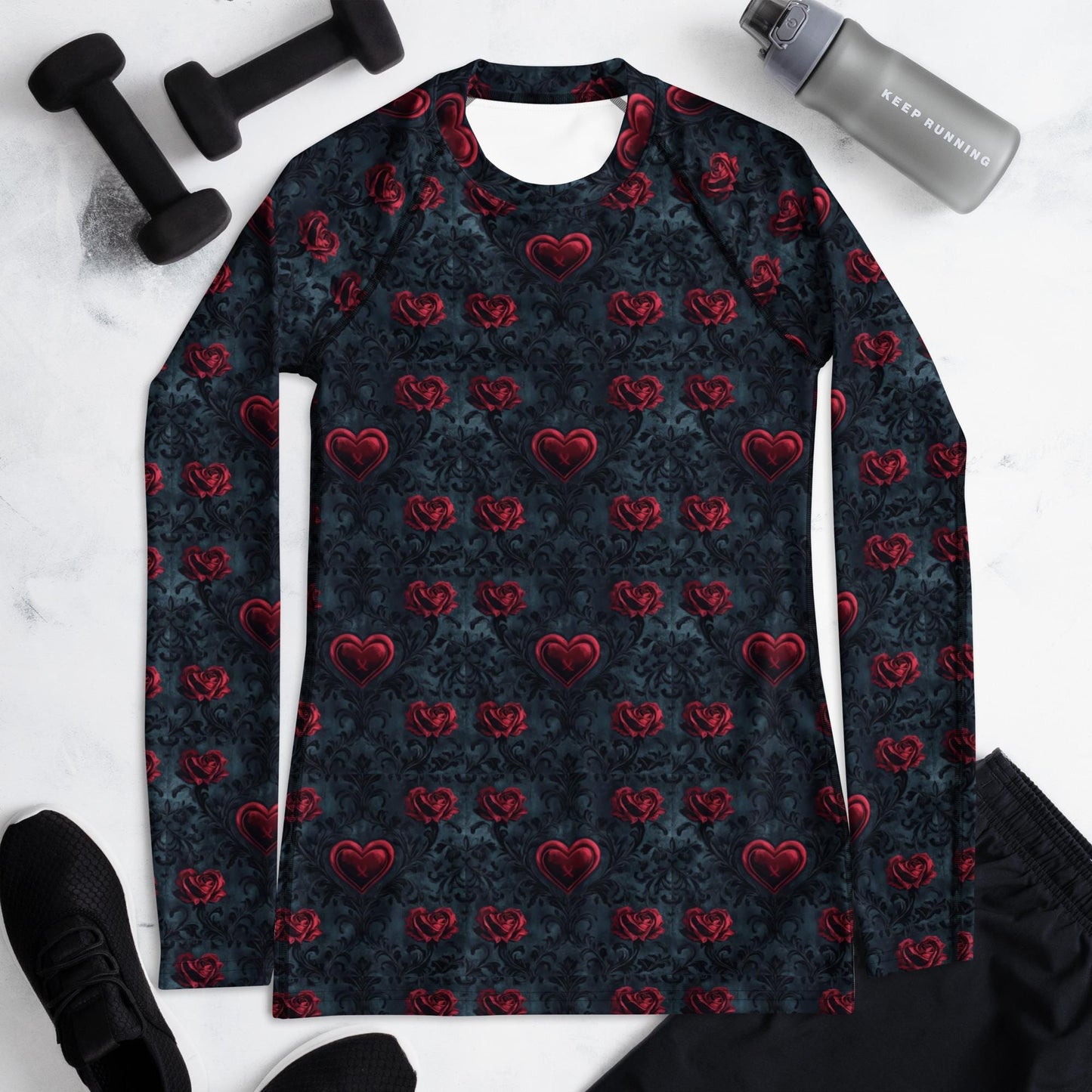 Gothic Valentine's Heart Print Rash Guard Top – Women's Versatile Swimwear Casual Wear, Dark Romance Style, Perfect for Valentine’s Day