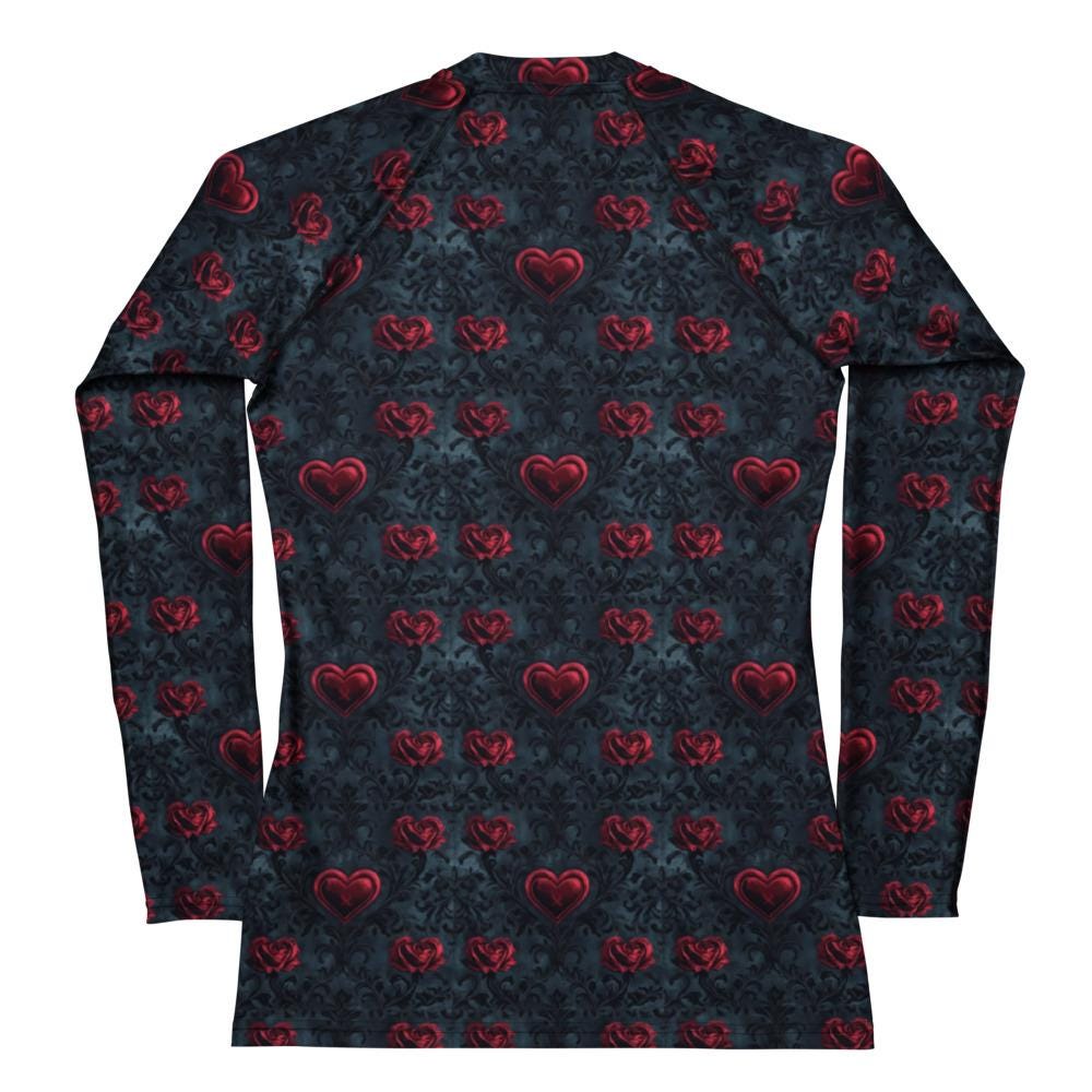 Gothic Valentine's Heart Print Rash Guard Top – Women's Versatile Swimwear Casual Wear, Dark Romance Style, Perfect for Valentine’s Day