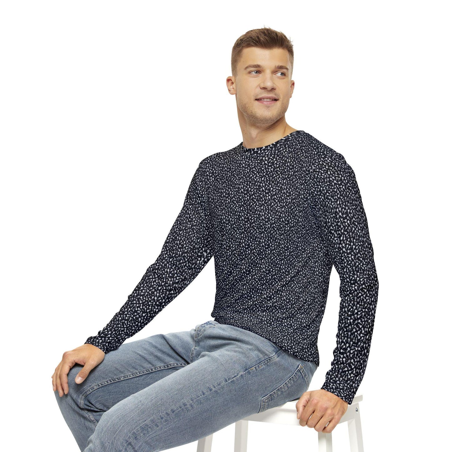 Mens Long Sleeve Print Shirt - Geometric Keys Design, Casual Mens Top, Everyday Wear, Birthday Gift, Lightweight Layering