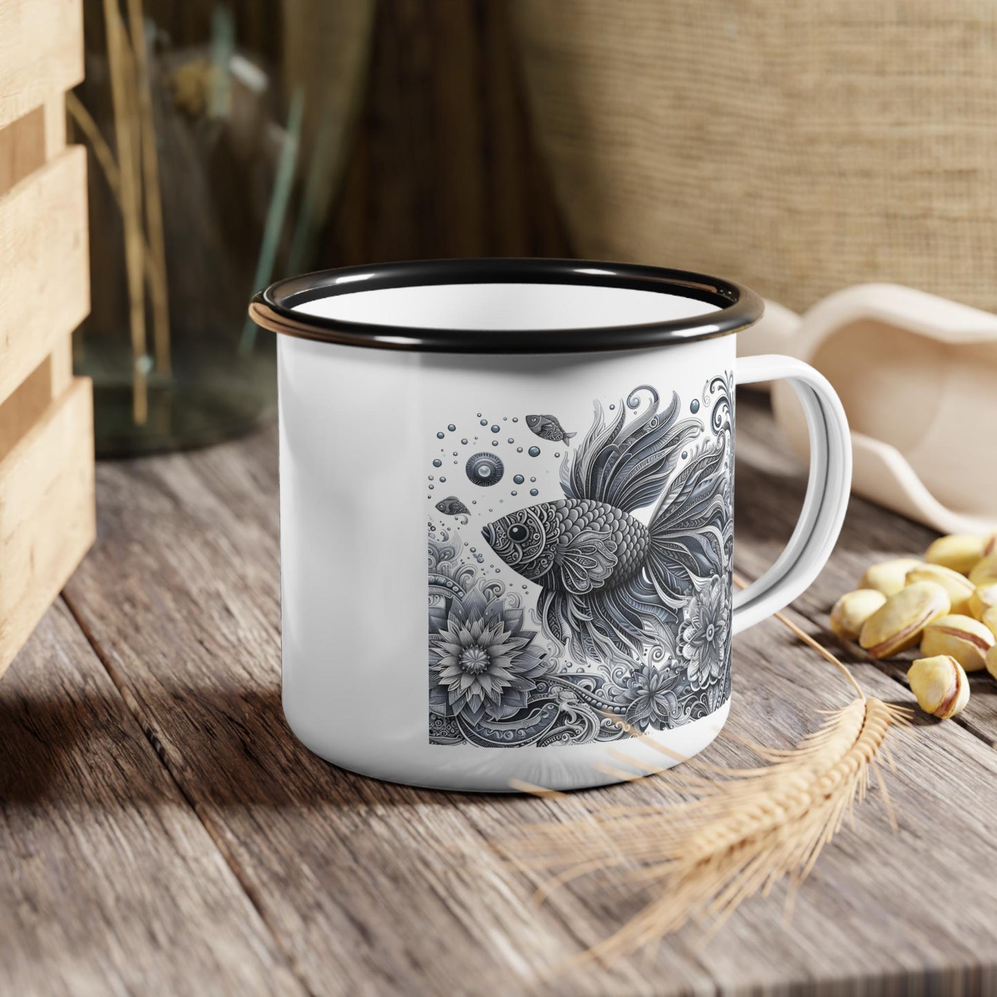 Stylish Enamel Camp Cup with Artistic Fish Design, Perfect for Outdoor Adventures, Camping, and Coffee Lovers, Unique Gift Idea, Fishing,