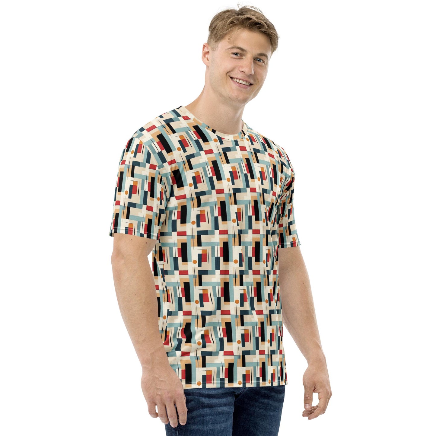 Modern Men's Geometric 90's Style T-shirt - All Over Pattern, Retro Graphic Design, Trendy Streetwear, Bold & Detailed Tee