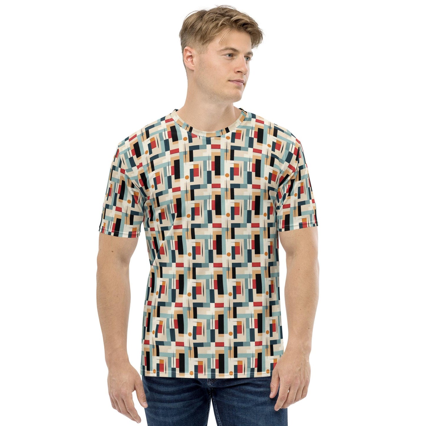 Modern Men's Geometric 90's Style T-shirt - All Over Pattern, Retro Graphic Design, Trendy Streetwear, Bold & Detailed Tee