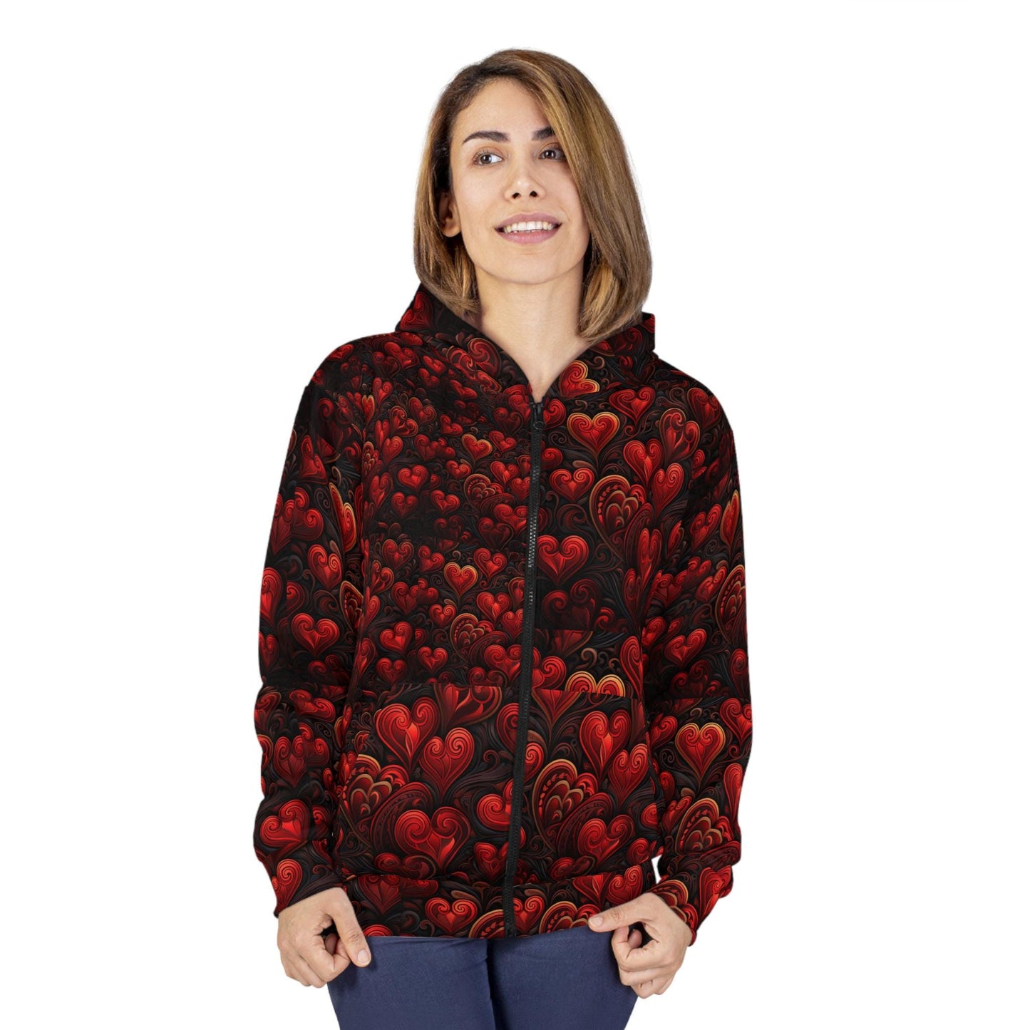 Romantic Heart Pattern Womens Zip Hoodie, Cozy Sweatshirt, Valentine's Day Gift, Couple's Apparel, Love-Themed Loungewear, Stylish Layering