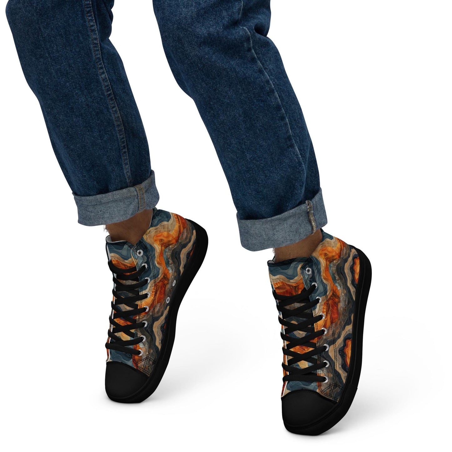 Men’s Earthtone Marble Design High Top Sneakers - Unique Marble Pattern, Trendy Casual Footwear, Stylish & Comfortable Sneakers