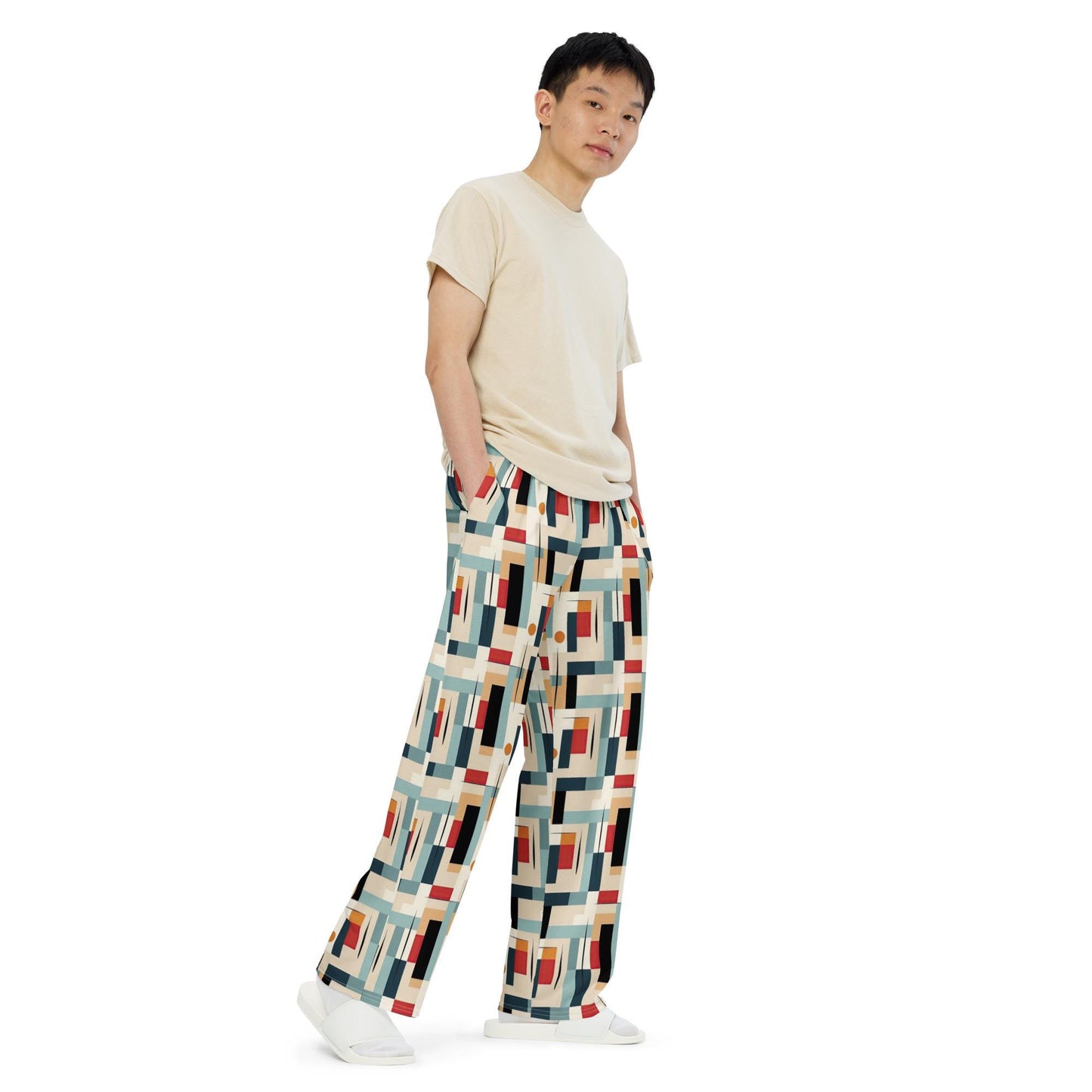 Geometric 90's Style Men's Wide Lounge Sweatpants | Retro Sweatpants for Men | Comfortable & Stylish Casual Lounge Wear | Vintage Pants