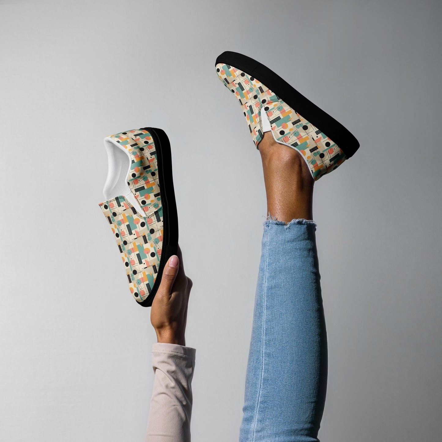 Geometric 90's Style Women’s Slip-On Canvas Shoes | Retro Pattern Flats | Comfortable & Trendy Casual Shoes | Summer Slip-Ons for Women