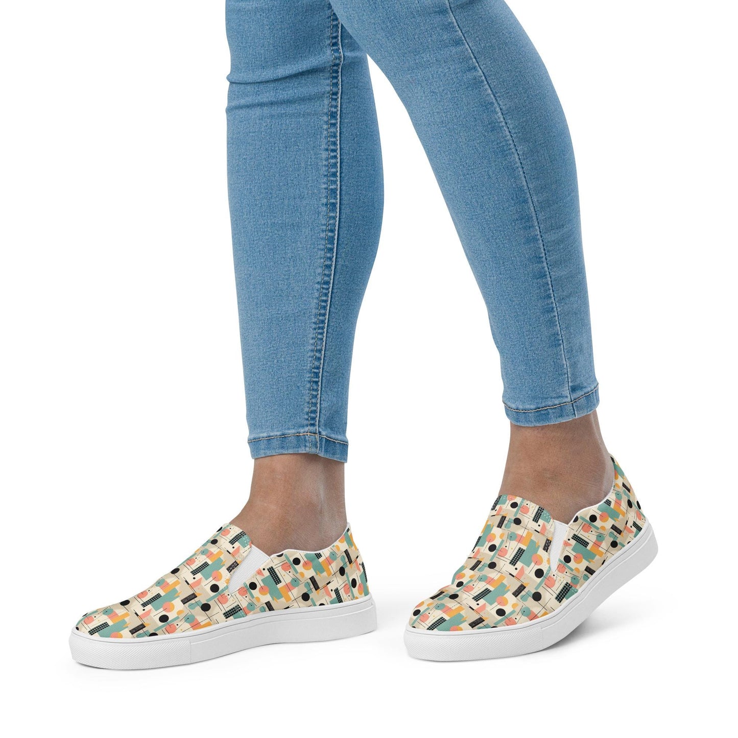 Geometric 90's Style Women’s Slip-On Canvas Shoes | Retro Pattern Flats | Comfortable & Trendy Casual Shoes | Summer Slip-Ons for Women