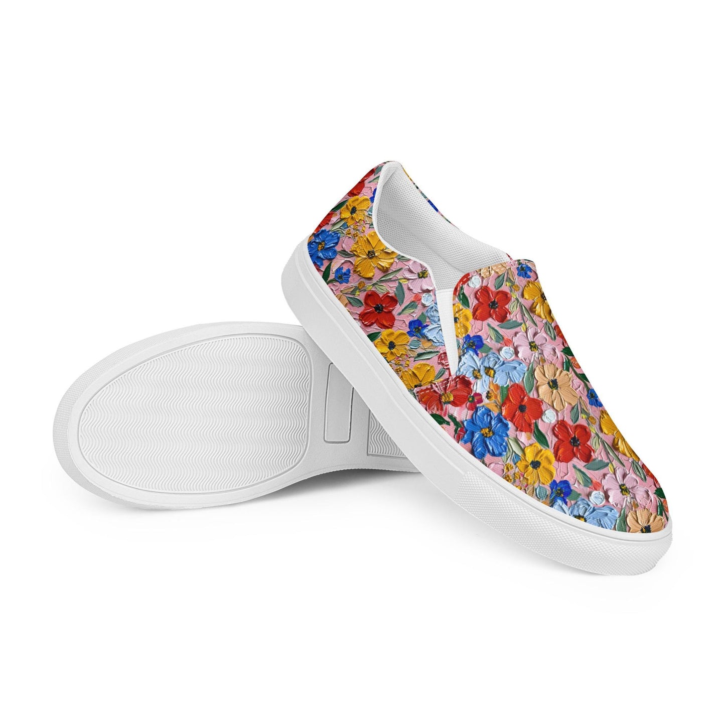 Hand-Painted Floral Print Canvas Slip-On Shoes for Women | Custom Floral Design Flats | Comfortable Everyday Slip-Ons | Unique Canvas Shoes