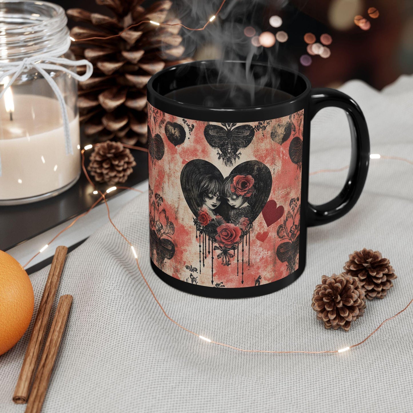 Gothic Love Black Mug | Artistic Coffee Cup with Hearts and Roses | Perfect for Gothic Home Decor, Valentine's Day Gift, Unique Tea Mug, Art