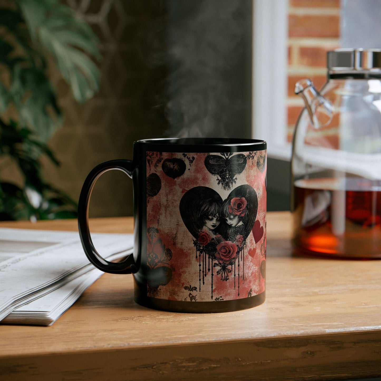Gothic Love Black Mug | Artistic Coffee Cup with Hearts and Roses | Perfect for Gothic Home Decor, Valentine's Day Gift, Unique Tea Mug, Art