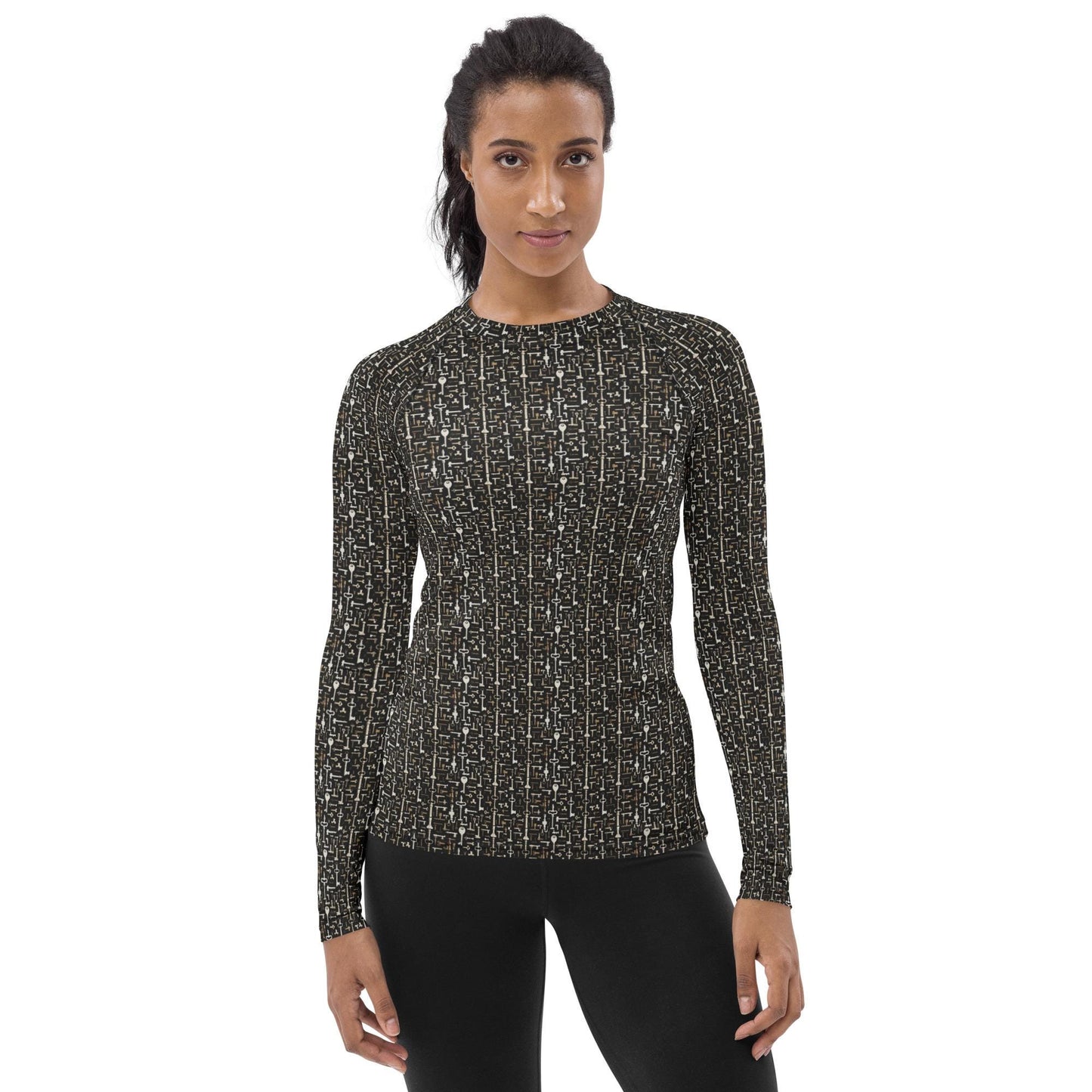 Women's Geometric Key Design Rashguard - Seamless All-Over Print, Stylish Everyday Top for Active & Casual Wear