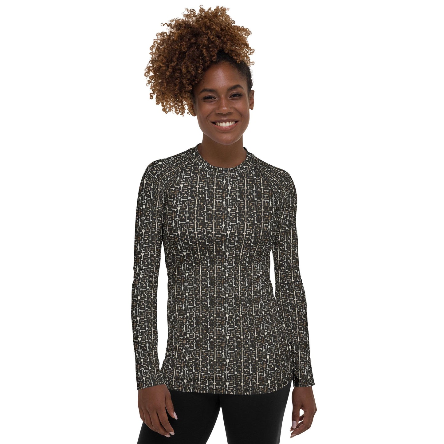 Women's Geometric Key Design Rashguard - Seamless All-Over Print, Stylish Everyday Top for Active & Casual Wear