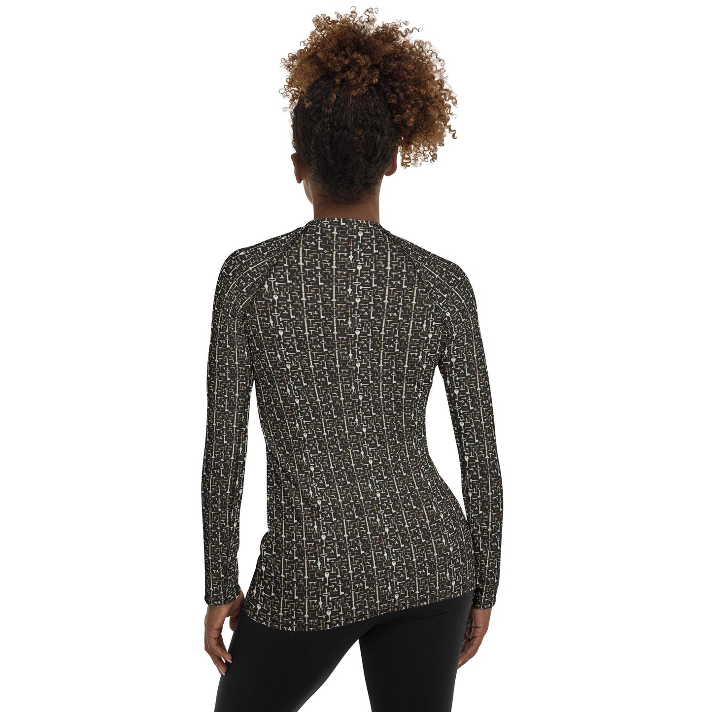 Women's Geometric Key Design Rashguard - Seamless All-Over Print, Stylish Everyday Top for Active & Casual Wear