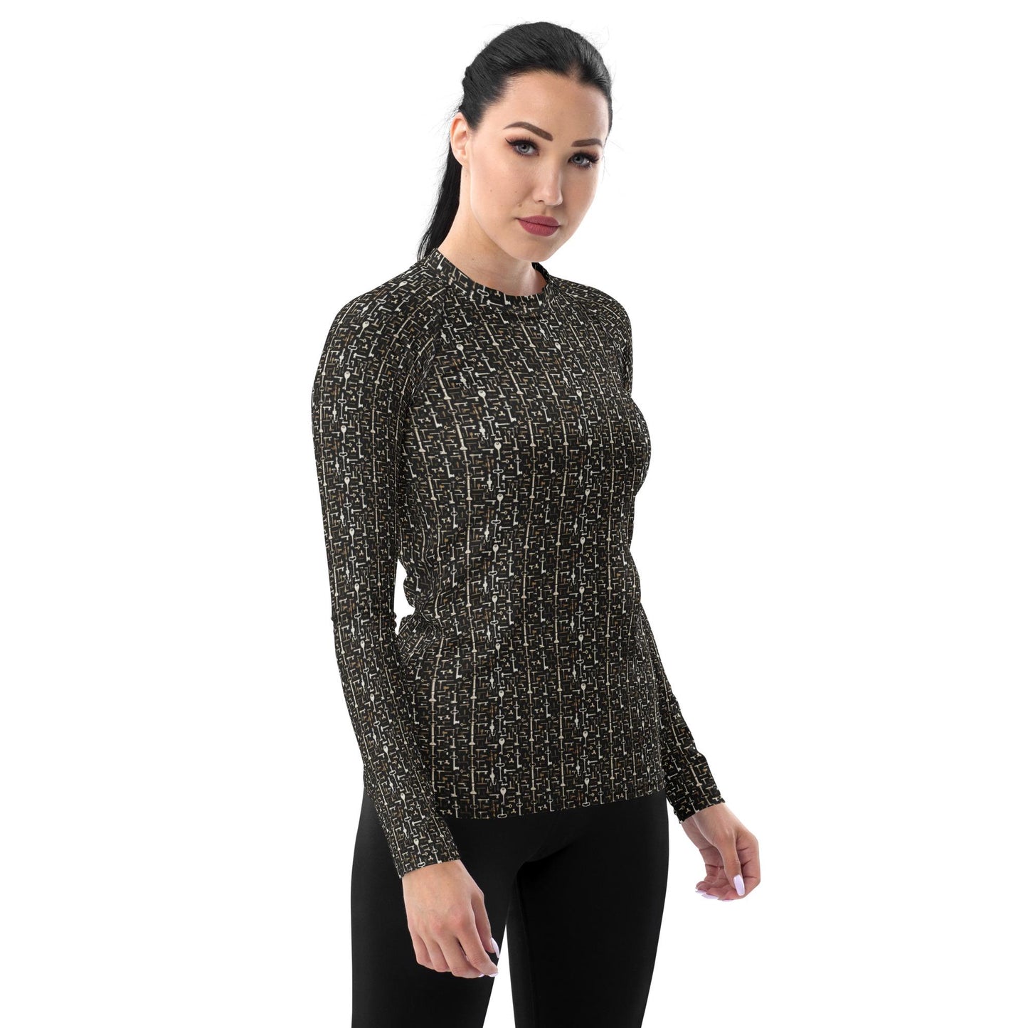 Women's Geometric Key Design Rashguard - Seamless All-Over Print, Stylish Everyday Top for Active & Casual Wear