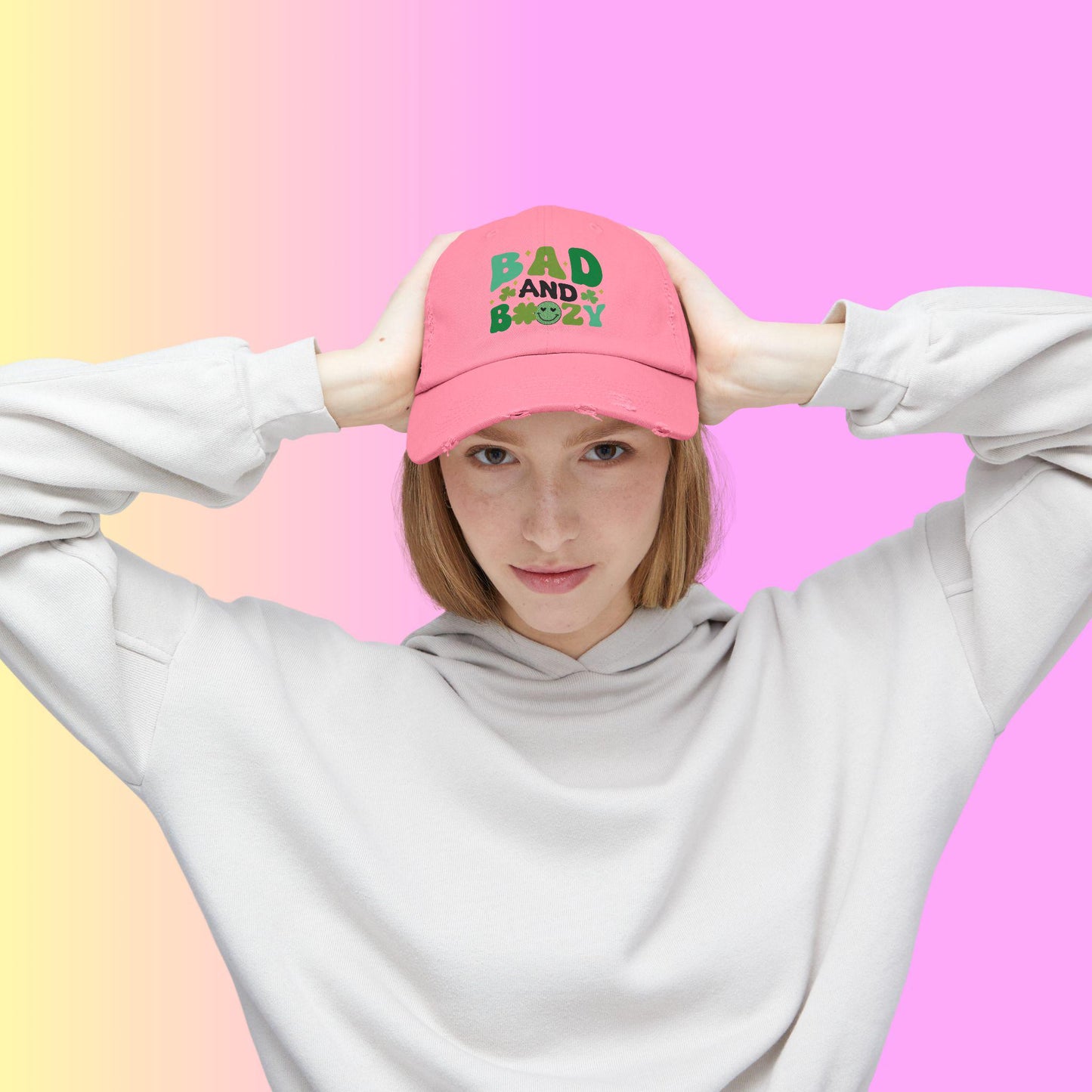 Bad and Boozy Distressed Cap, Perfect for St. Patricks Day, Casual Outings, Gift for Friends, Trendy Fashion Accessory, Unisex hat