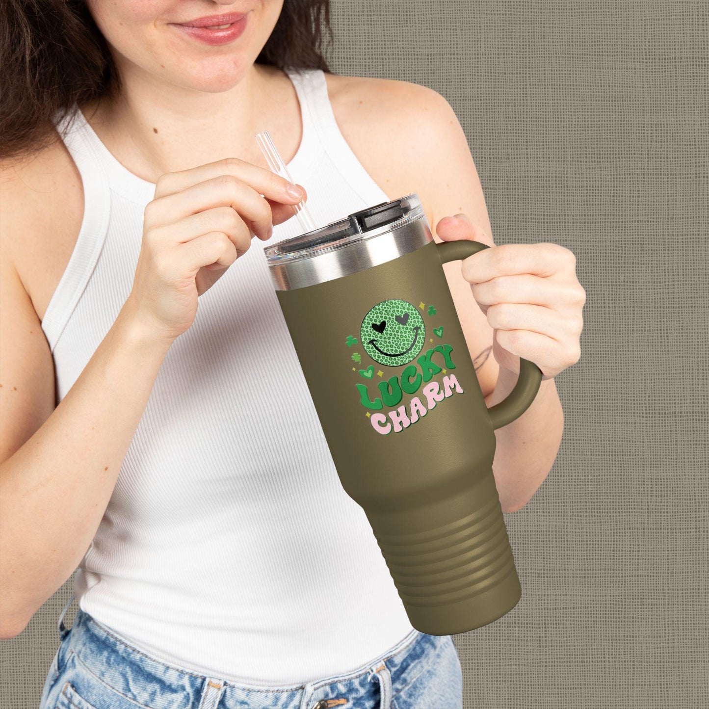 Lucky Charm Insulated Travel Mug, 40oz, Perfect for Coffee Lovers, Eco-Friendly Drinkware, Great Gift for Travelers, Fun Kitchen Accessory,