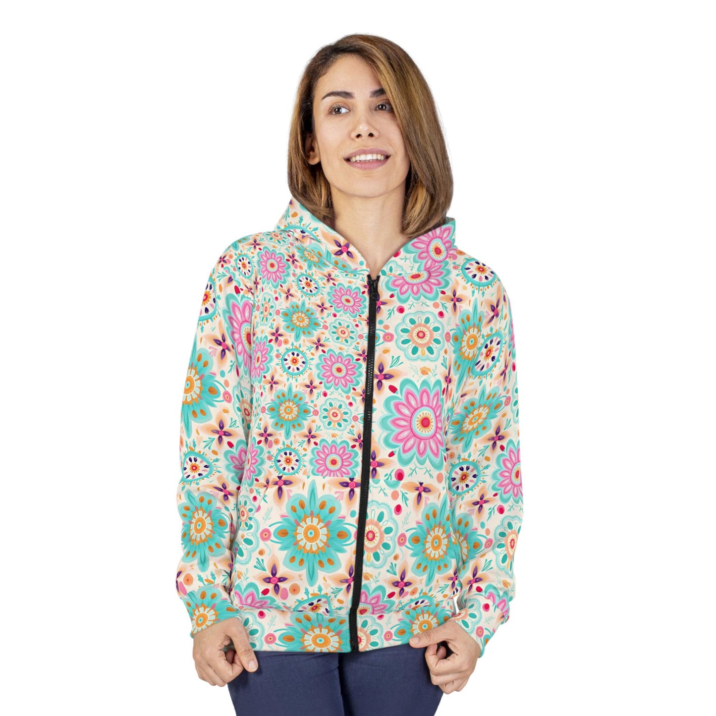 Floral Print Women's Zip Hoodie, Colorful Flower Hoodie, Cozy Spring Layer, Perfect for Casual Wear, Gift for Her, Stylish Hoodie