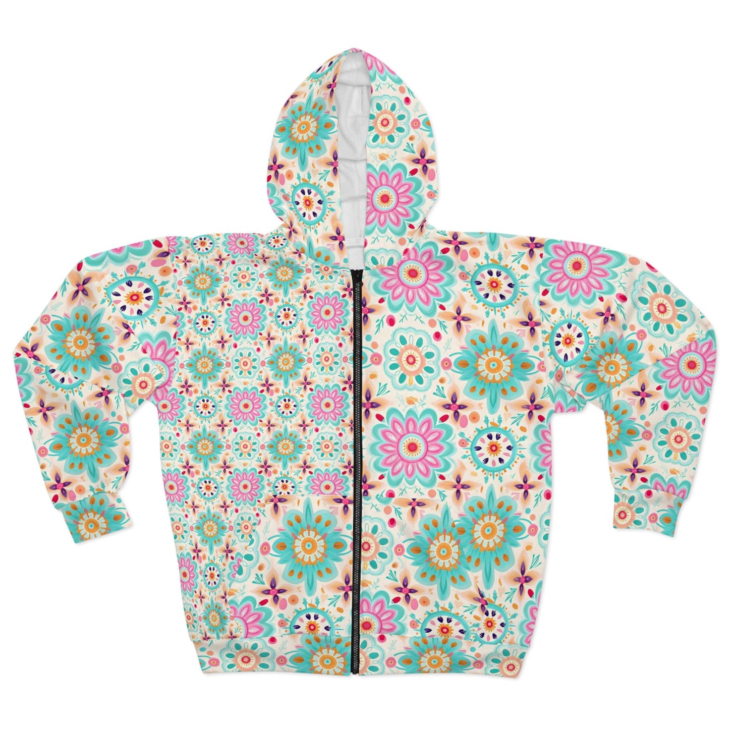 Floral Print Women's Zip Hoodie, Colorful Flower Hoodie, Cozy Spring Layer, Perfect for Casual Wear, Gift for Her, Stylish Hoodie