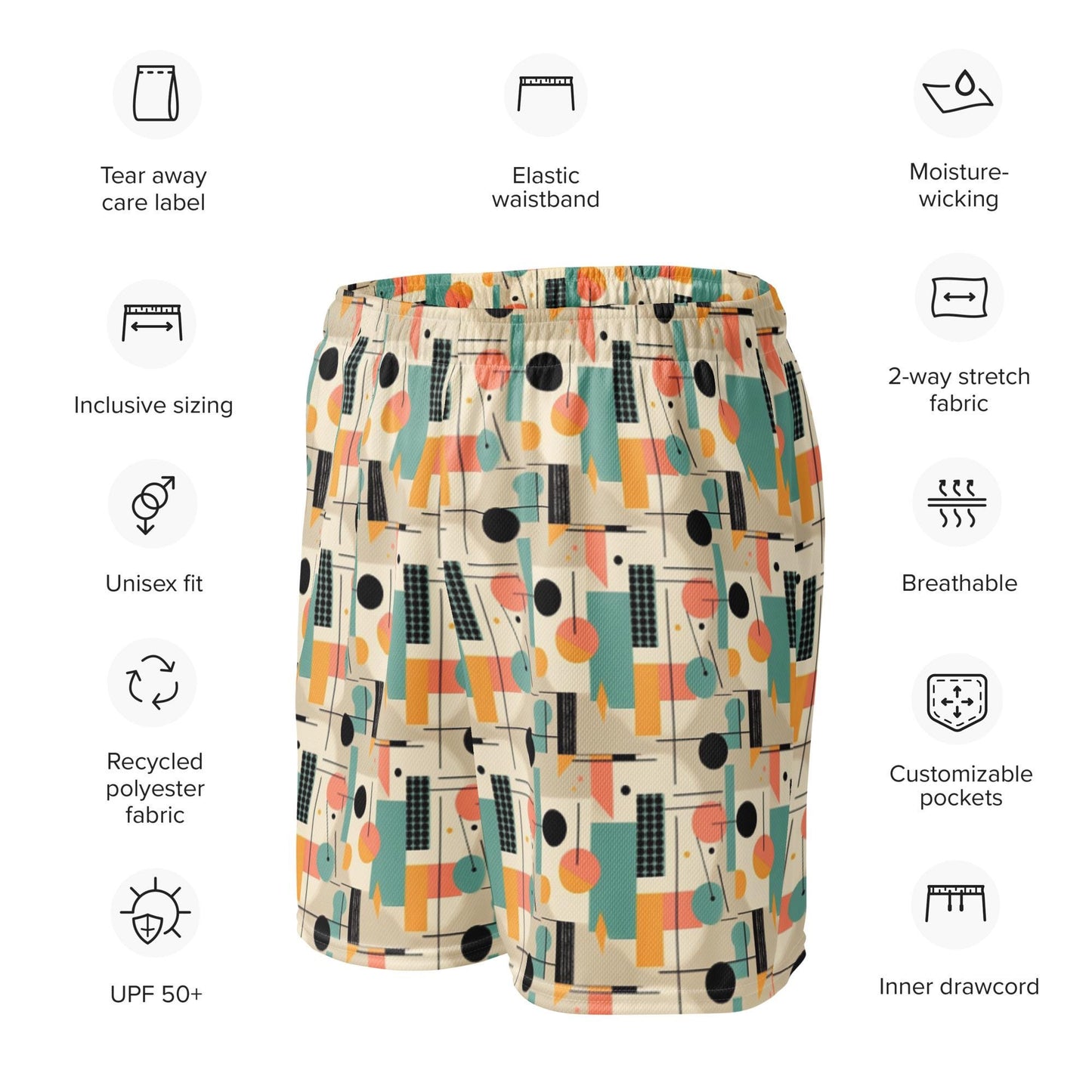 Men's Geometrical Colorful 90's Look Mesh Shorts | Retro Vintage Style | Bold Breathable | Perfect for Summer & Casual Wear