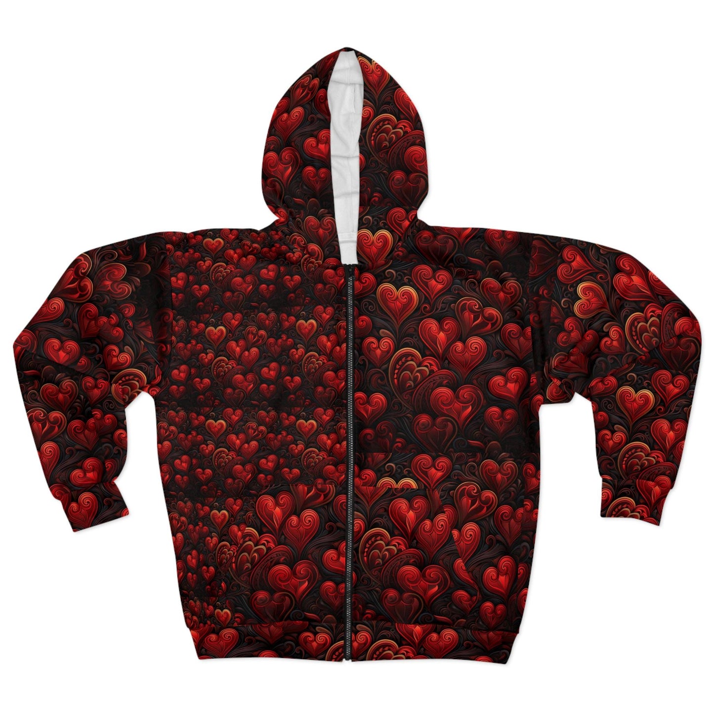 Romantic Heart Pattern Womens Zip Hoodie, Cozy Sweatshirt, Valentine's Day Gift, Couple's Apparel, Love-Themed Loungewear, Stylish Layering