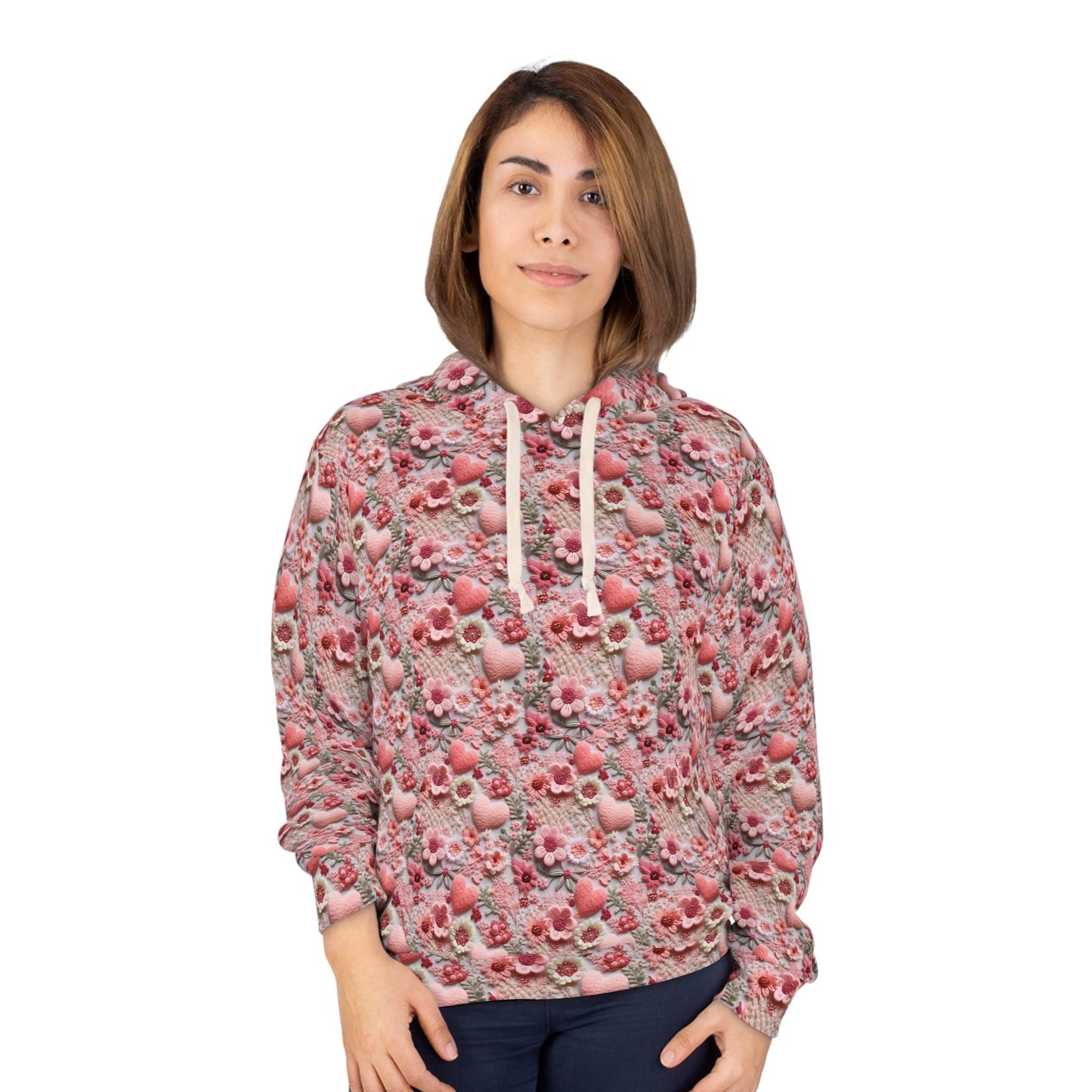 Pink Floral Heart Happiness Women's Pullover Hoodie, Cozy Sweatshirt, Gift for Her, Cute Floral Sweater, Casual Streetwear, Spring Fashion