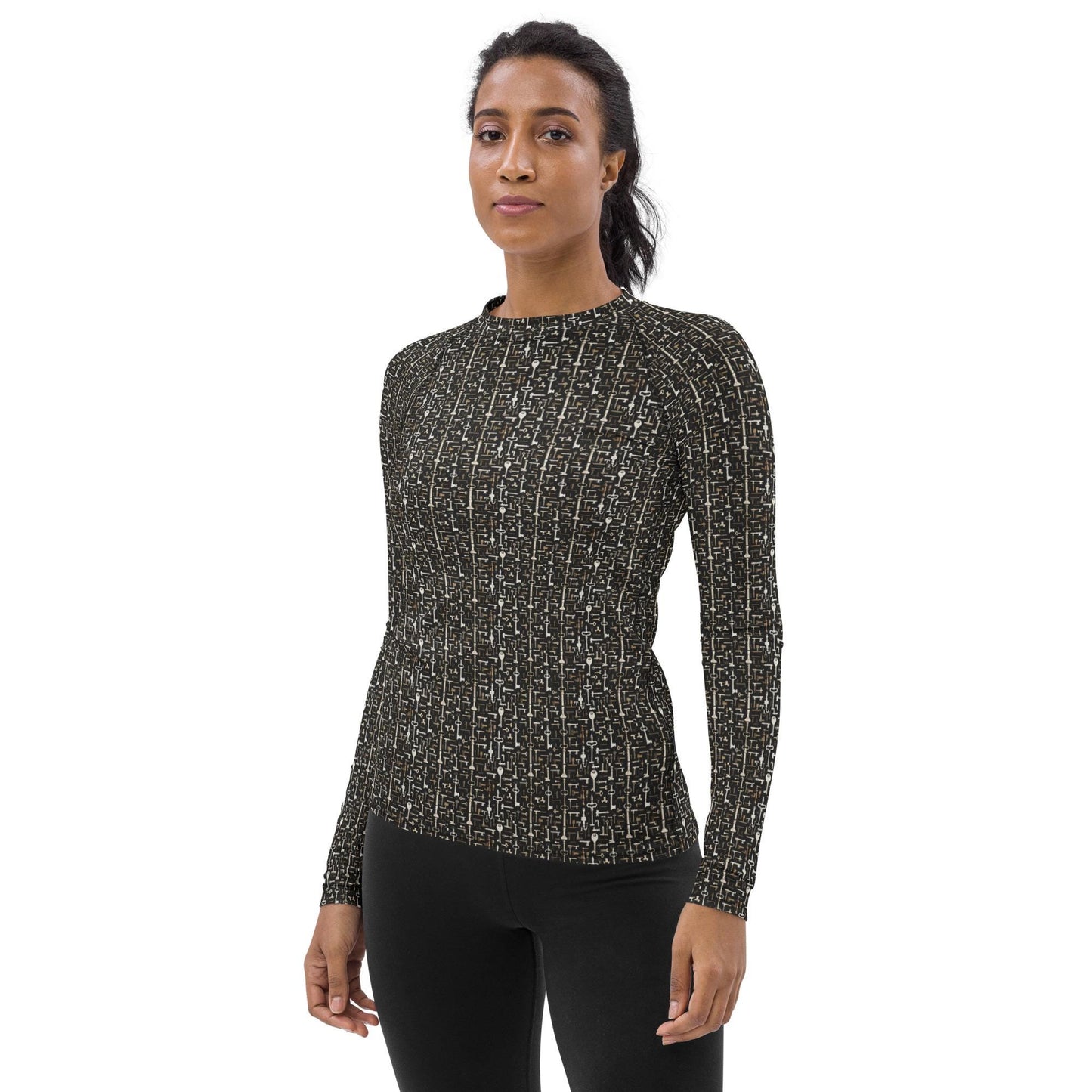 Women's Geometric Key Design Rashguard - Seamless All-Over Print, Stylish Everyday Top for Active & Casual Wear