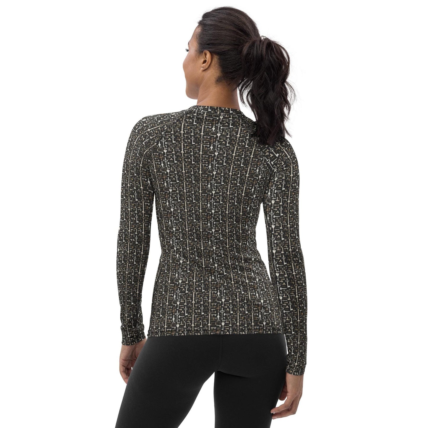 Women's Geometric Key Design Rashguard - Seamless All-Over Print, Stylish Everyday Top for Active & Casual Wear