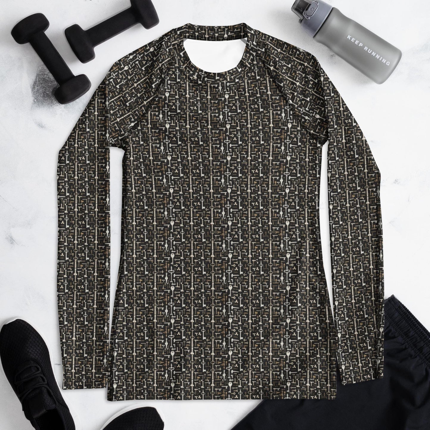 Women's Geometric Key Design Rashguard - Seamless All-Over Print, Stylish Everyday Top for Active & Casual Wear