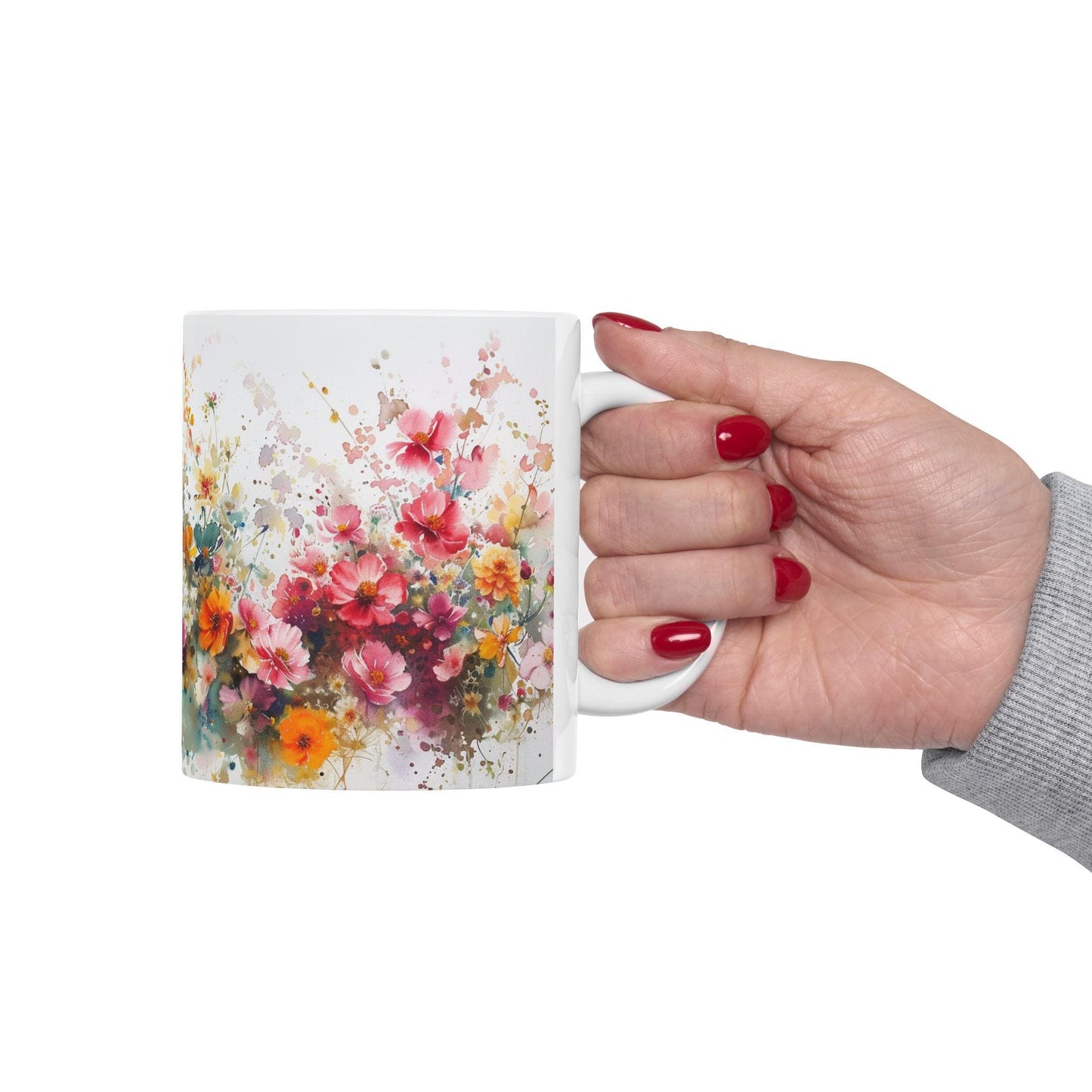 Floral Art Ceramic Mug - Colorful Flower Design, Gift for Her, Morning Coffee Mug, Tea Lover's Gift, Spring Decor