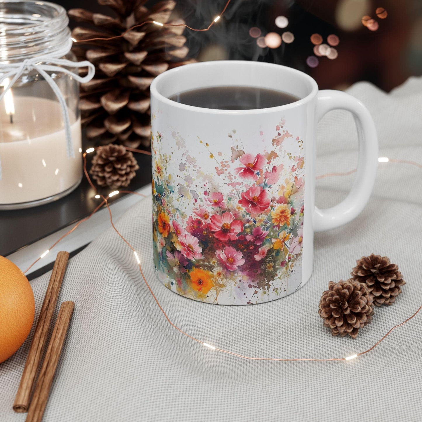 Floral Art Ceramic Mug - Colorful Flower Design, Gift for Her, Morning Coffee Mug, Tea Lover's Gift, Spring Decor