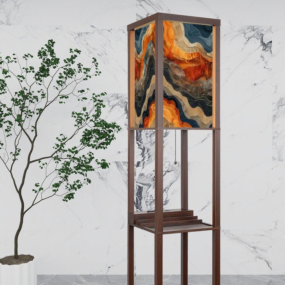 Floor Lamp with Shelves (Made in USA), Earth Tone Marble Unique Stylish Modern Home Lighting Decor