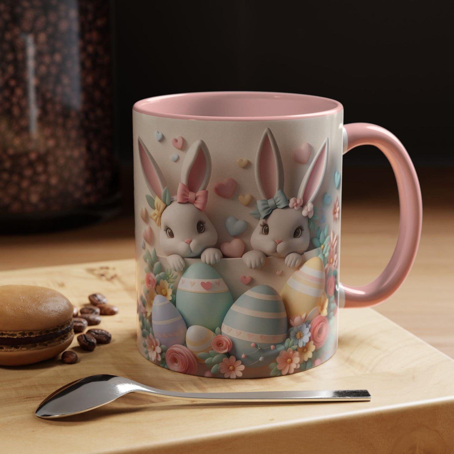 3D Easter Bunnies Coffee Mug, Spring Holiday Tea Cup, Easter Bunny Kitchen Decor, Cute Rabbit Drinkware, Pastel Easter Mug