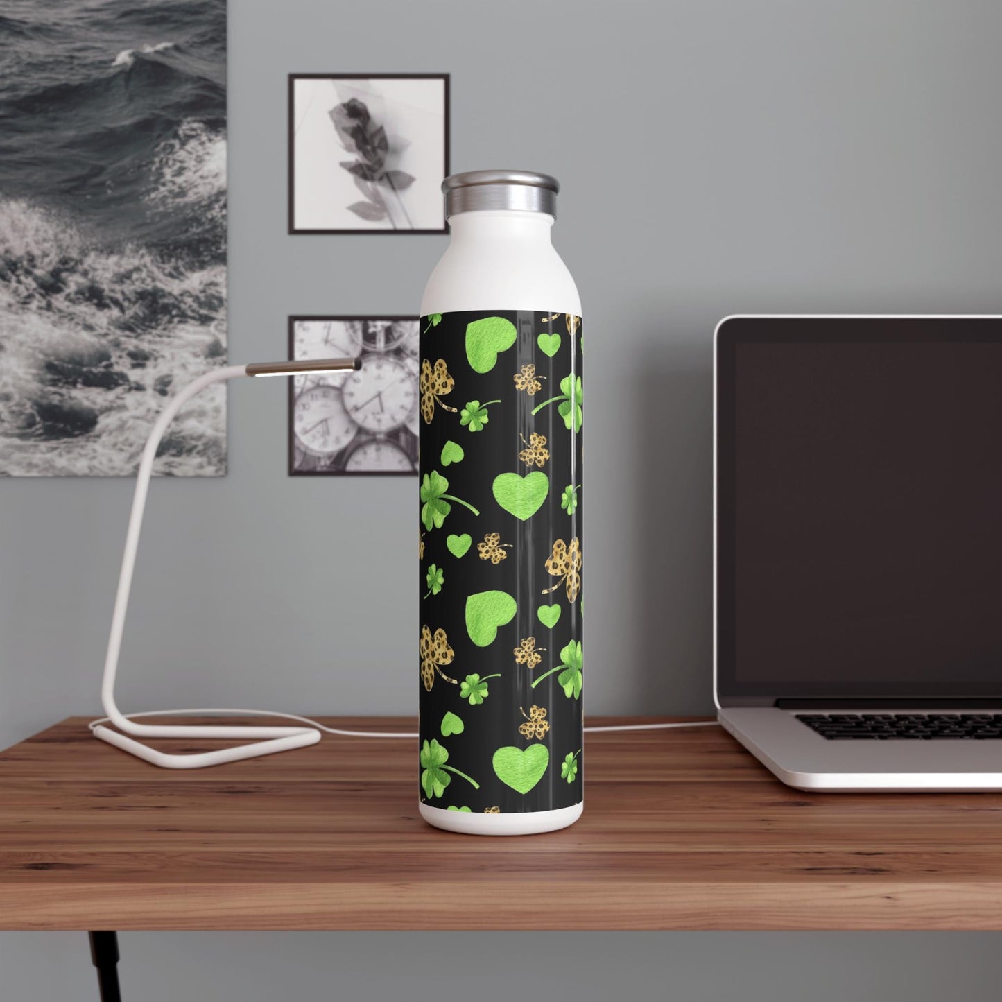 St. Patrick's Day Slim Water Bottle, Eco-Friendly Fitness Bottle, Lightweight Hydration Bottle, Green Shamrock Design, Reusable Travel Flask