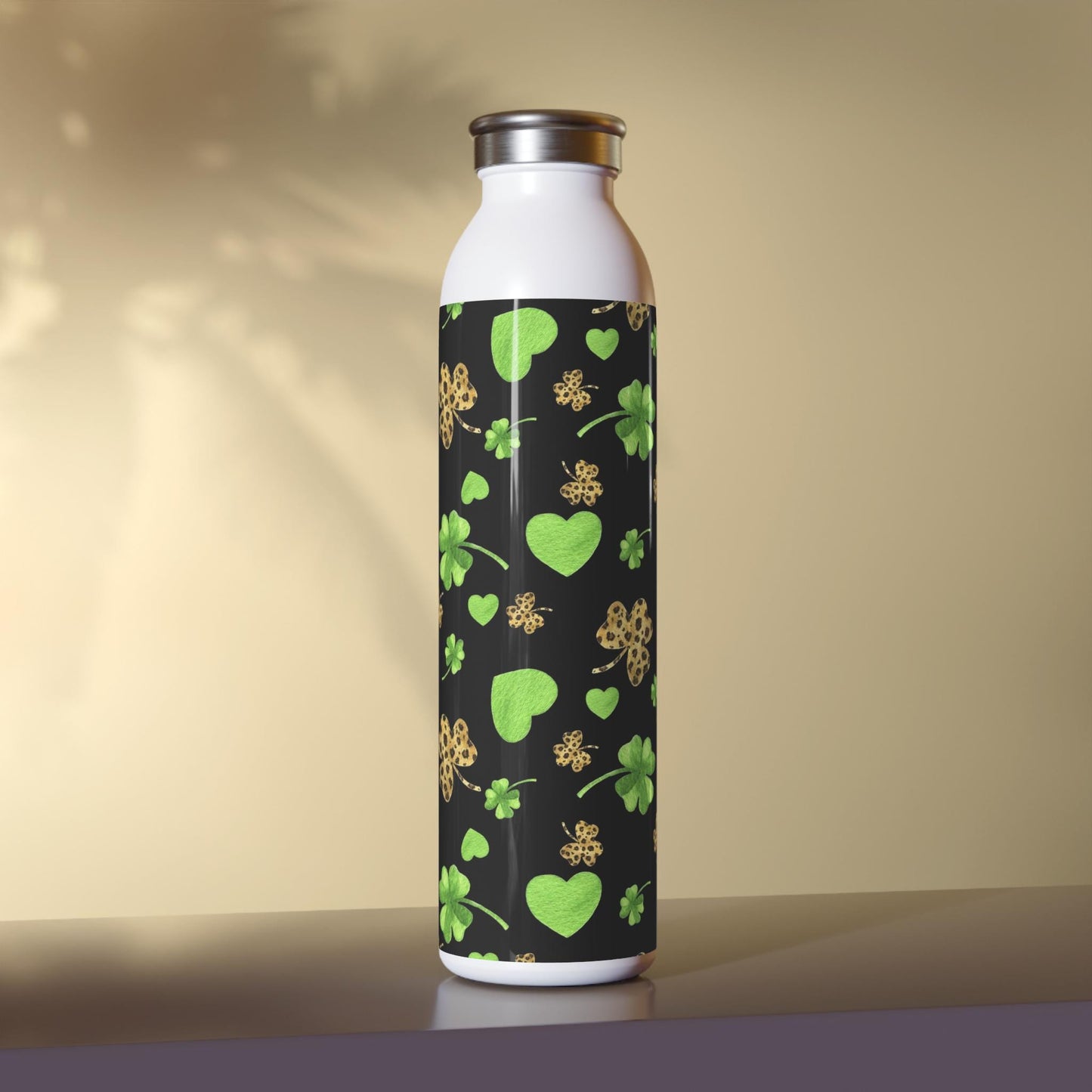 St. Patrick's Day Slim Water Bottle, Eco-Friendly Fitness Bottle, Lightweight Hydration Bottle, Green Shamrock Design, Reusable Travel Flask