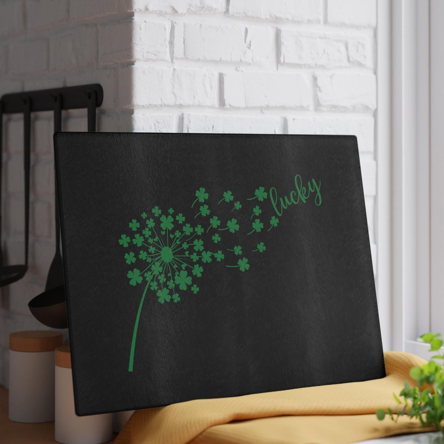 Lucky Dandelion Glass Cutting Board, Kitchen Decor, Gift for Chef, St. Patrick's Day, Home Cooking, Unique Kitchen Gift