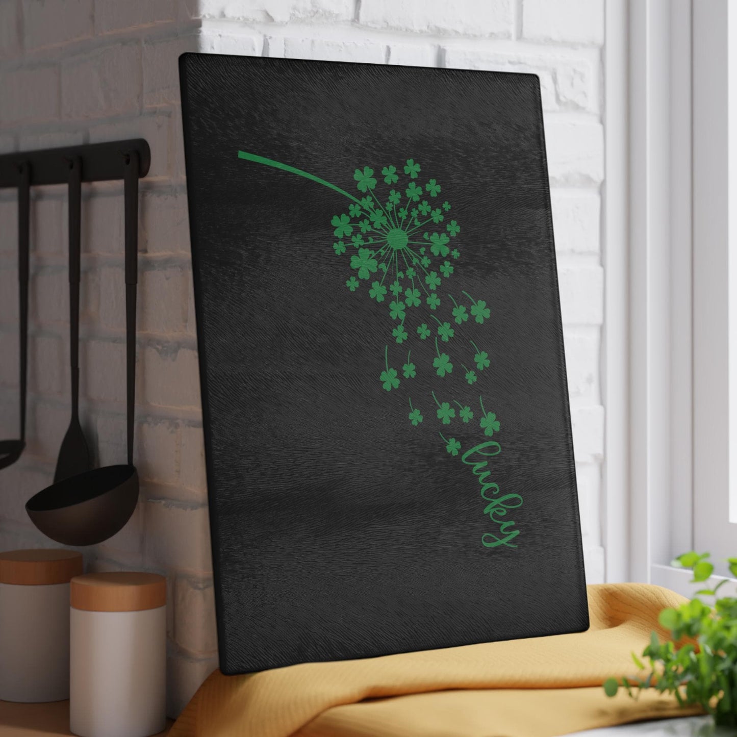 Lucky Dandelion Glass Cutting Board, Kitchen Decor, Gift for Chef, St. Patrick's Day, Home Cooking, Unique Kitchen Gift