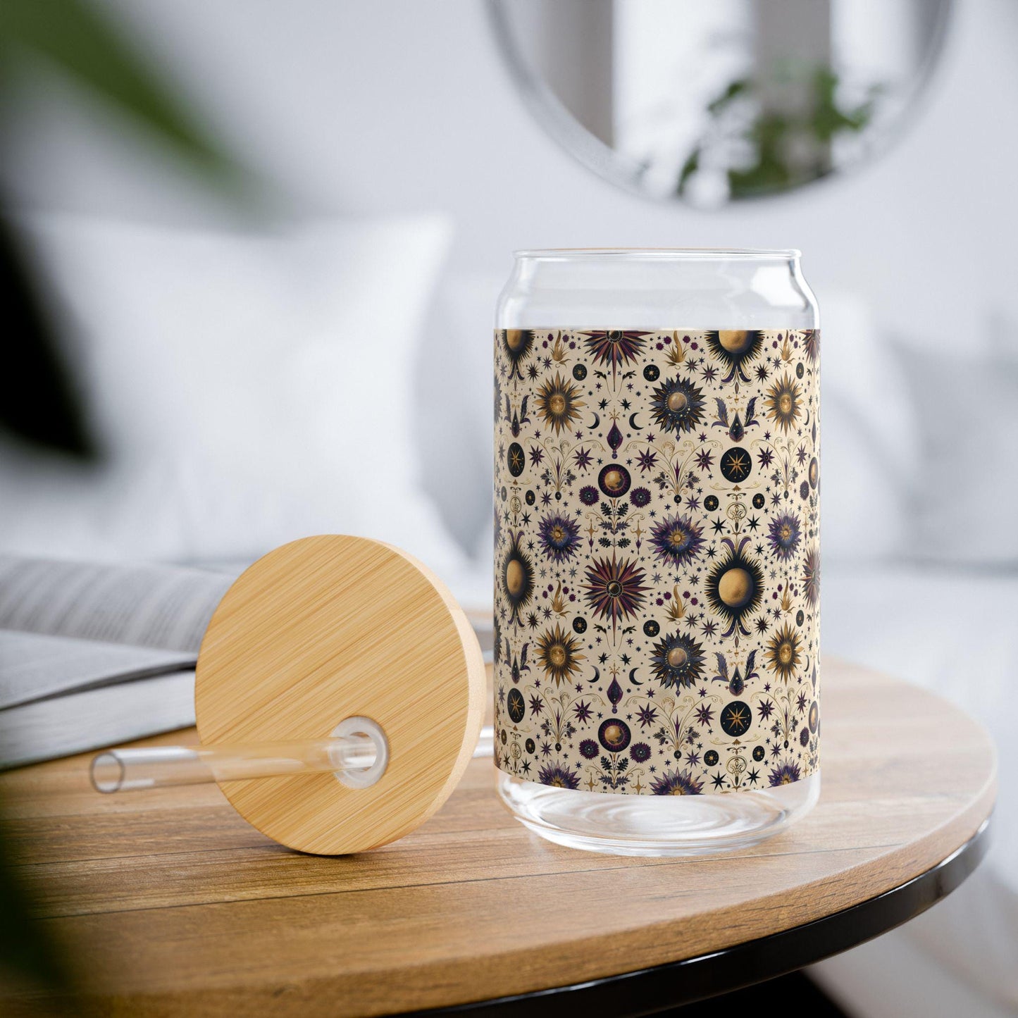 Celestial Sipper Glass, 16oz Starry Sky Design for Eco-Friendly Drinks, Astrology Lovers, Gift for Any Occasion, Sun and Moon Decor