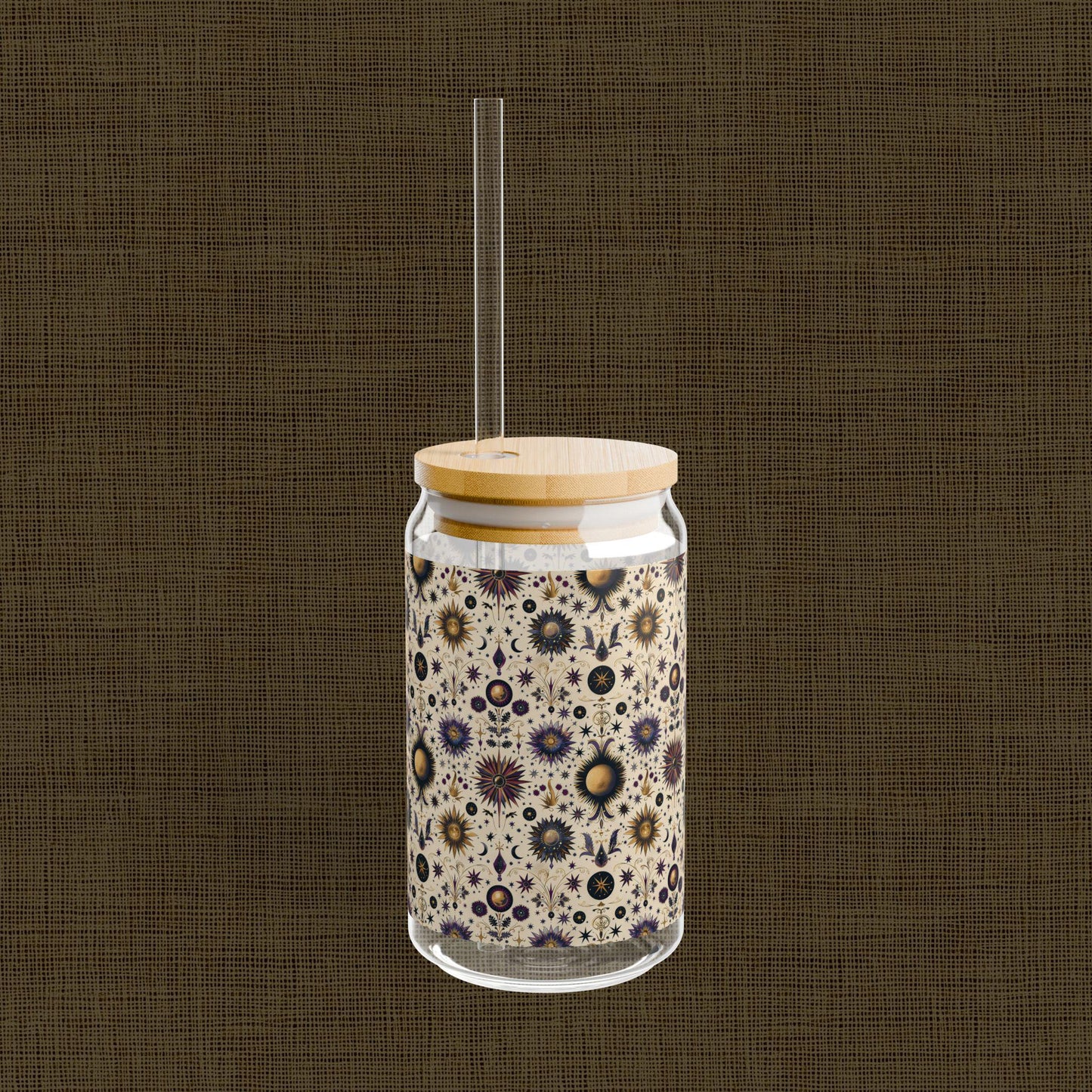 Celestial Sipper Glass, 16oz Starry Sky Design for Eco-Friendly Drinks, Astrology Lovers, Gift for Any Occasion, Sun and Moon Decor