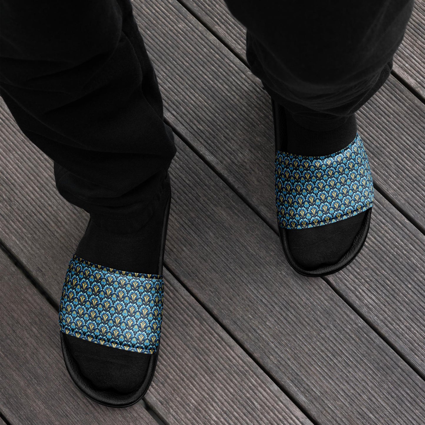 Modern Geometric Blue Slides for Men – Stylish Casual Slide Sandals, Trendy Non-Slip Pool Shoes, Comfortable Summer Slippers