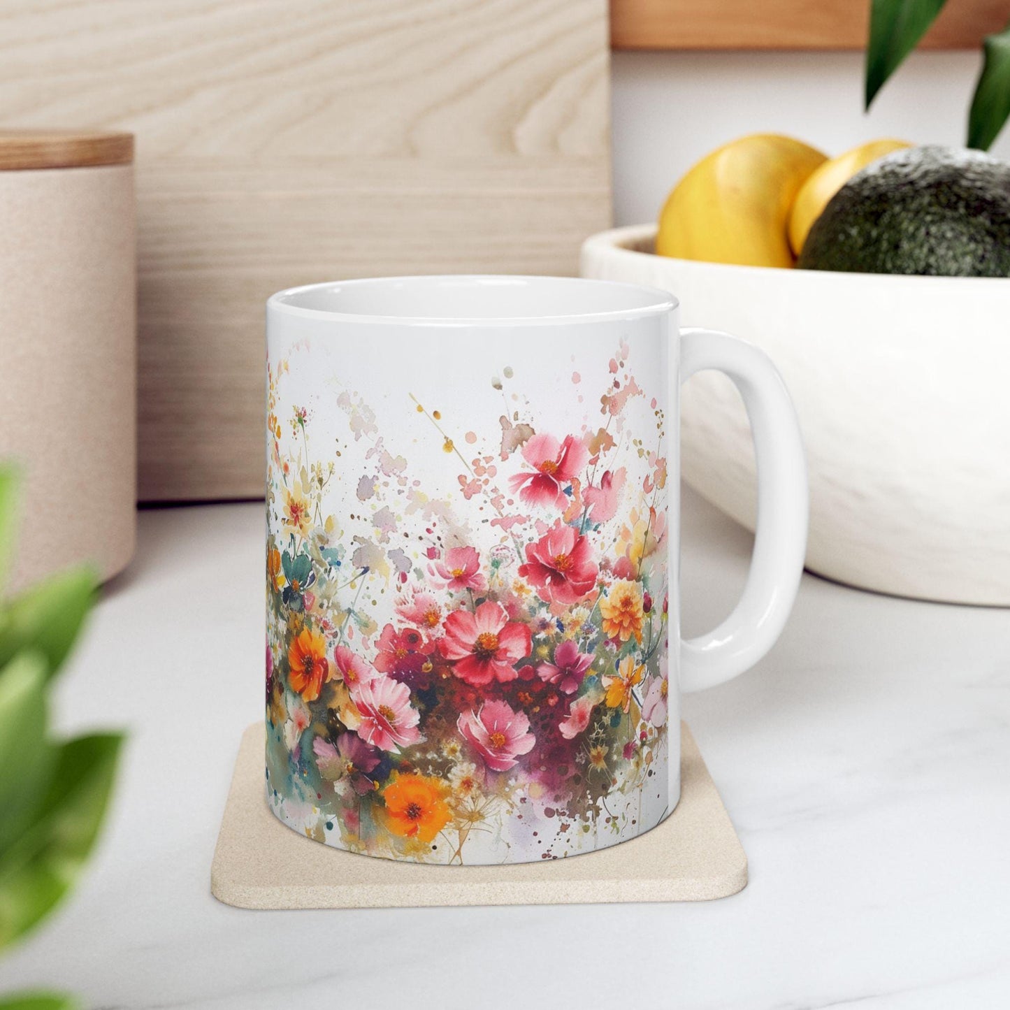 Floral Art Ceramic Mug - Colorful Flower Design, Gift for Her, Morning Coffee Mug, Tea Lover's Gift, Spring Decor