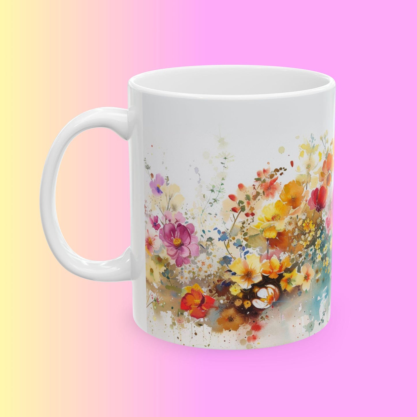 Floral Art Ceramic Mug - Colorful Flower Design, Gift for Her, Morning Coffee Mug, Tea Lover's Gift, Spring Decor