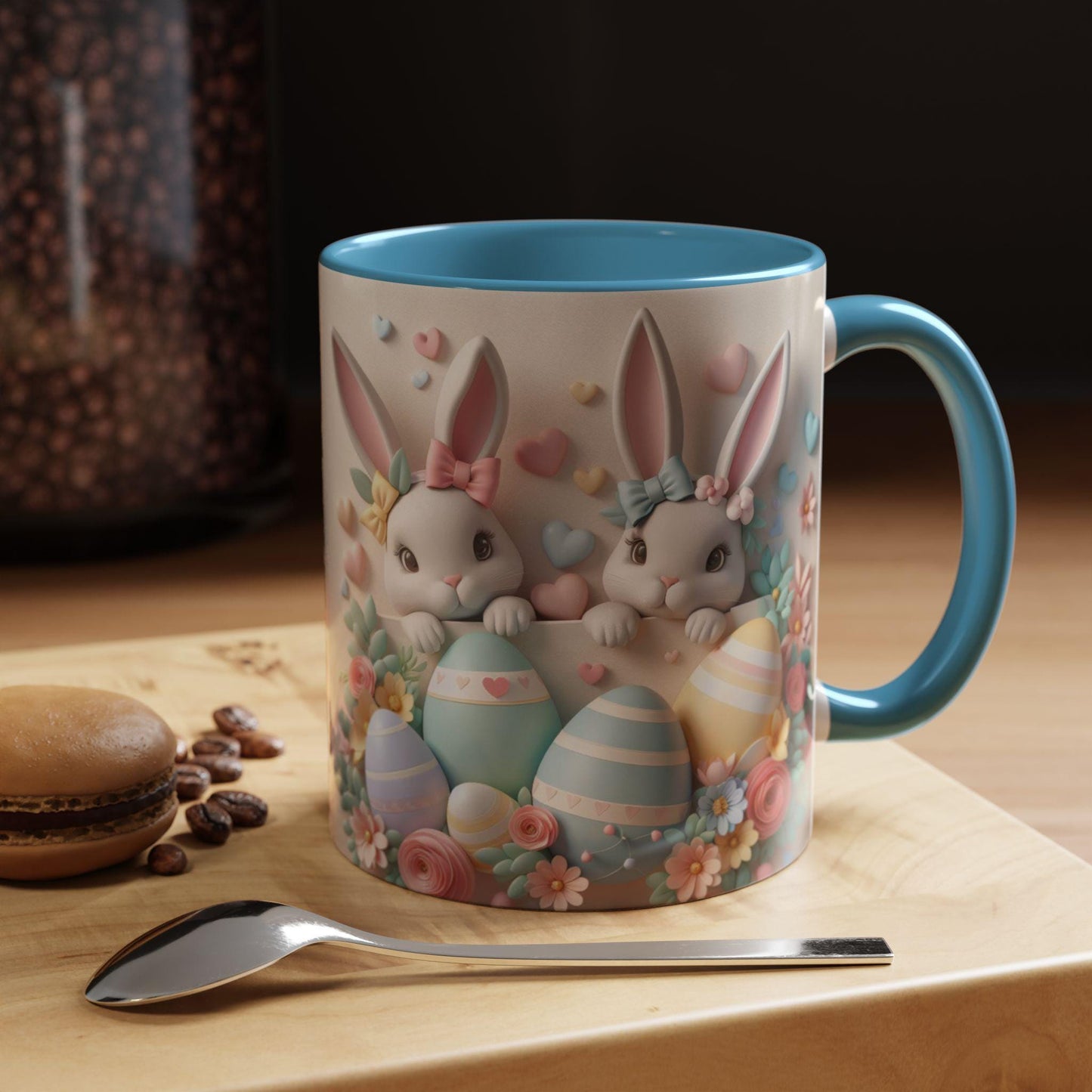 3D Easter Bunnies Coffee Mug, Spring Holiday Tea Cup, Easter Bunny Kitchen Decor, Cute Rabbit Drinkware, Pastel Easter Mug