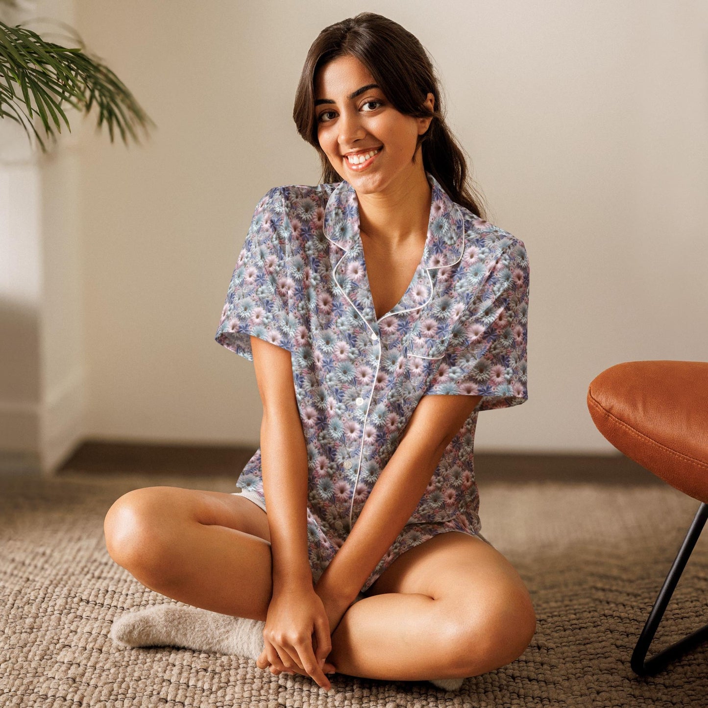 3D Floral Pajama Top Women's - Blue Short Sleeve Sleep Shirt - Spring Summer PJ Set Matching Top - Soft Breathable Nightshirt