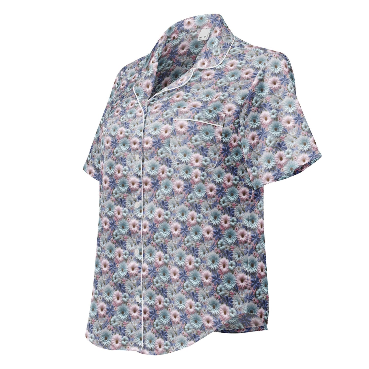 3D Floral Pajama Top Women's - Blue Short Sleeve Sleep Shirt - Spring Summer PJ Set Matching Top - Soft Breathable Nightshirt