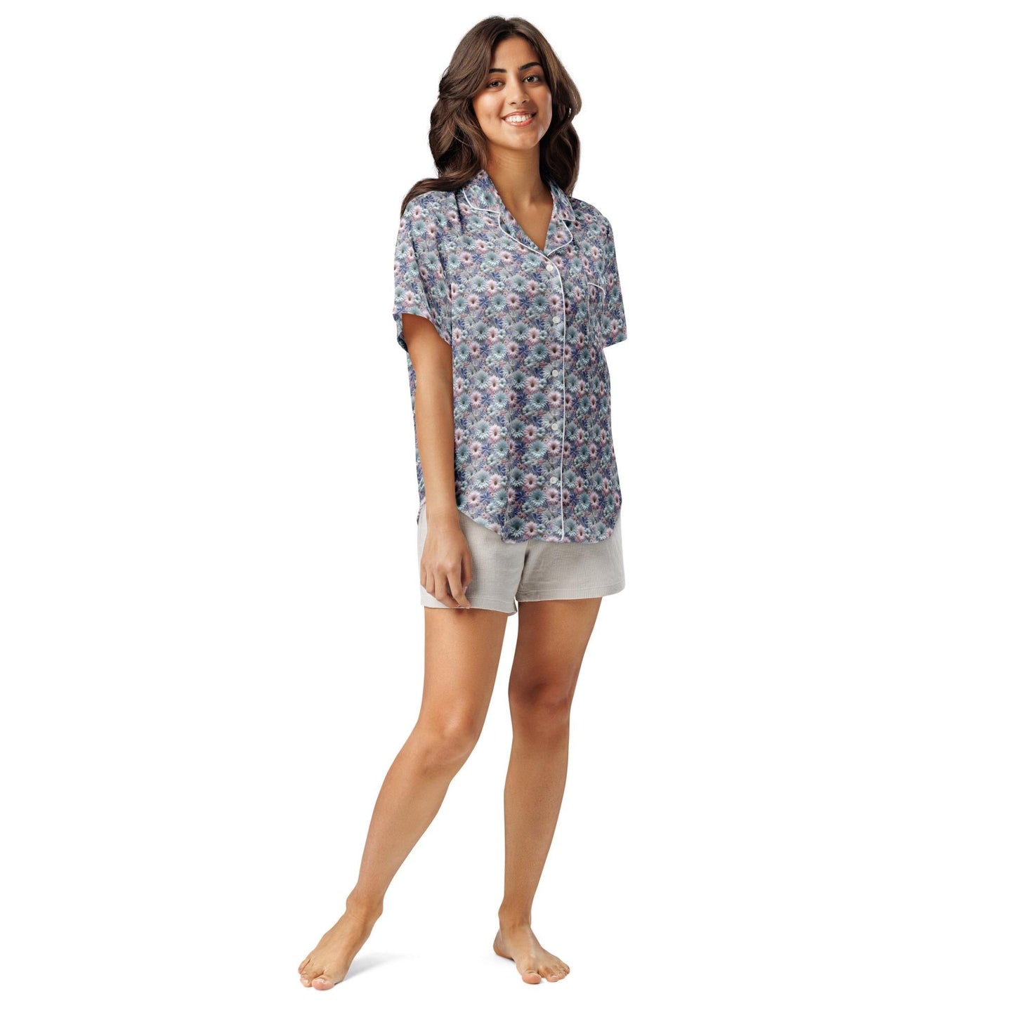 3D Floral Pajama Top Women's - Blue Short Sleeve Sleep Shirt - Spring Summer PJ Set Matching Top - Soft Breathable Nightshirt