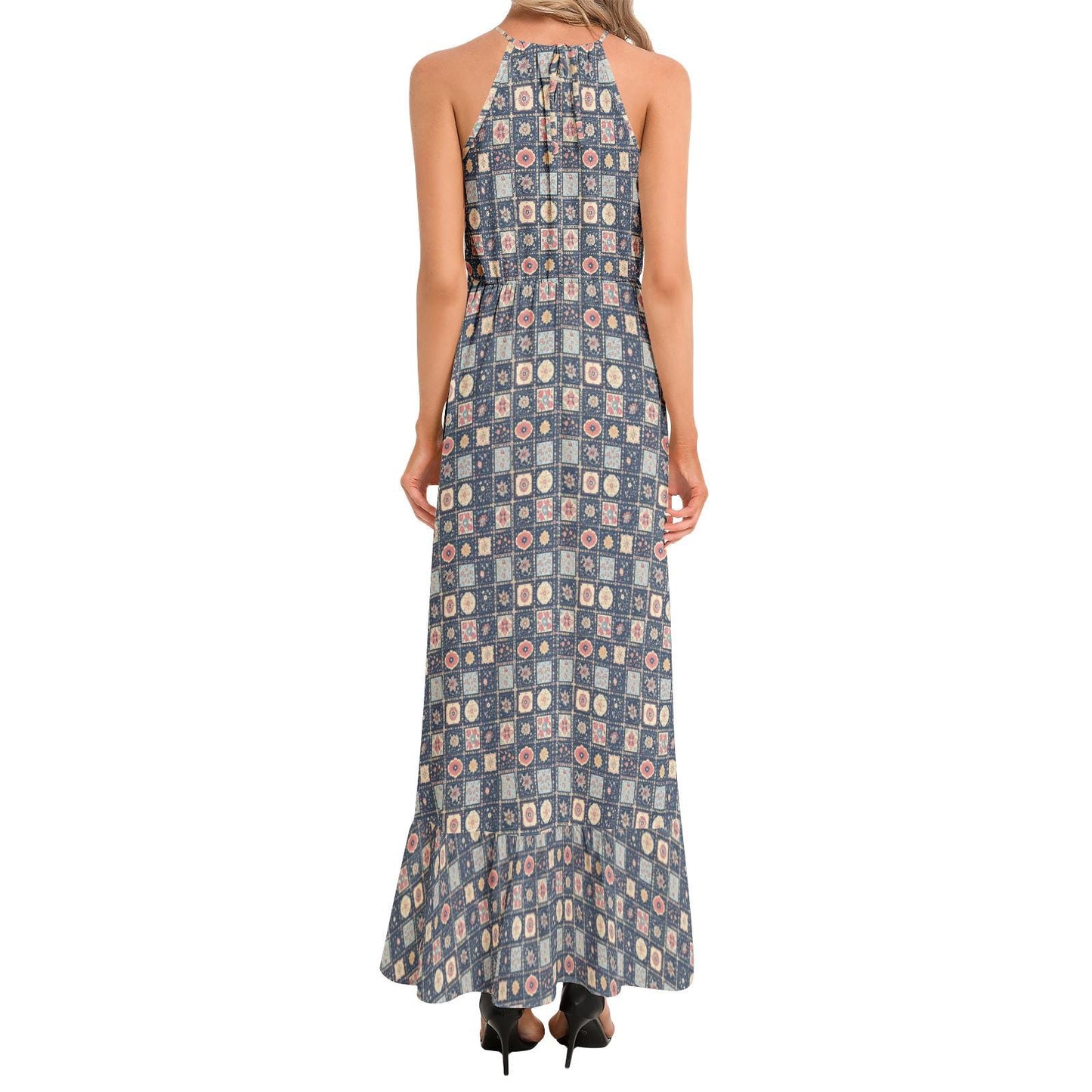 Geometric Print Chiffon Maxi Dress – Ruffle Hem & Halter Neck Elegant Long Dress for Women