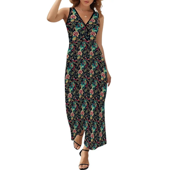 Floral Seamless Print Sleeveless Maxi Dress – Boho Chic Summer Dress for Women, Beach Wedding Guest Dress, Long Flowy Dress