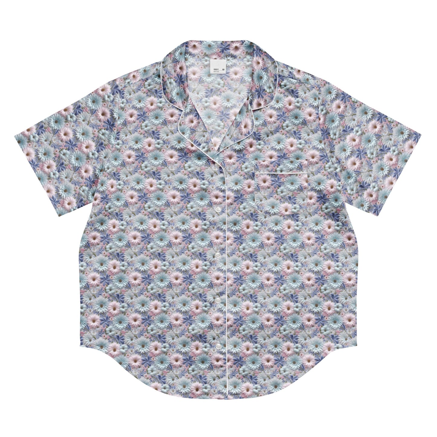 3D Floral Pajama Top Women's - Blue Short Sleeve Sleep Shirt - Spring Summer PJ Set Matching Top - Soft Breathable Nightshirt